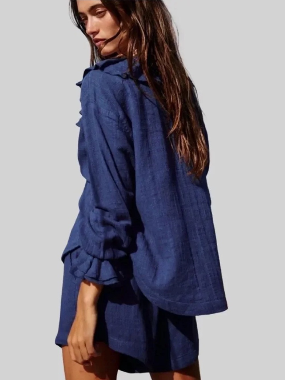Free People Free-est Summer Vibes Ruffle Neck Button-Down Top Navy Peony Large - Picture 15 of 16